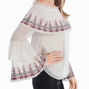 White House Black Market Off Shoulder Blouse Top XS Embroidered Boho Bell Sleeve